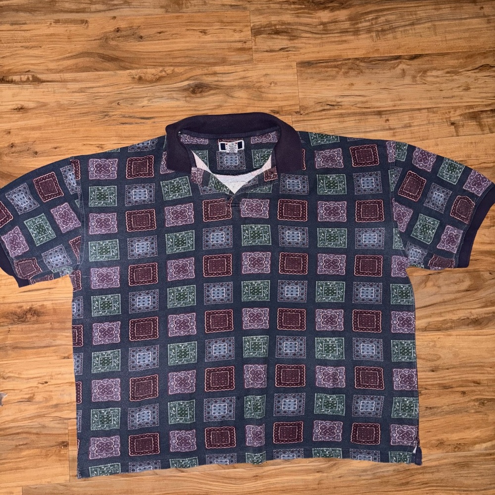 Vintage Sutter and Grant Geometric Patterned Polo Shirt - Blue and Green